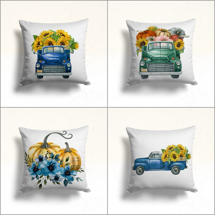 Fall Trend Pillow Cover|Sunflower and Floral Pumpkin Cushion Case|Blue Green Pumpkin Truck Throw Pillow Top|Autumn Outdoor Cushion Case
