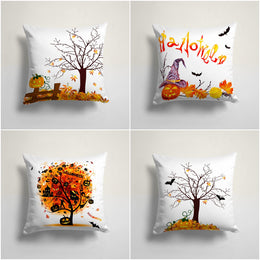 Halloween Pillowcase|Carved Pumpkin and Autumn Tree Cushion|Haunted House Cushion Cover|Pumpkin with Witch Hat|Bat Print Throw Pillow Cover
