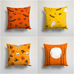 Halloween Pillowcase|Carved Pumpkin and Bat Print Orange Cushion|Moon and Trees Cushion Cover|Spider Web and Witch Hat|Throw Pillow Cover