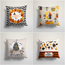 Happy Halloween Cushion Cover|Fall Trend Carved Pumpkin and Haunted House Pillowcase|Cat Print Throw Pillow Cover|Halloween Party Decor