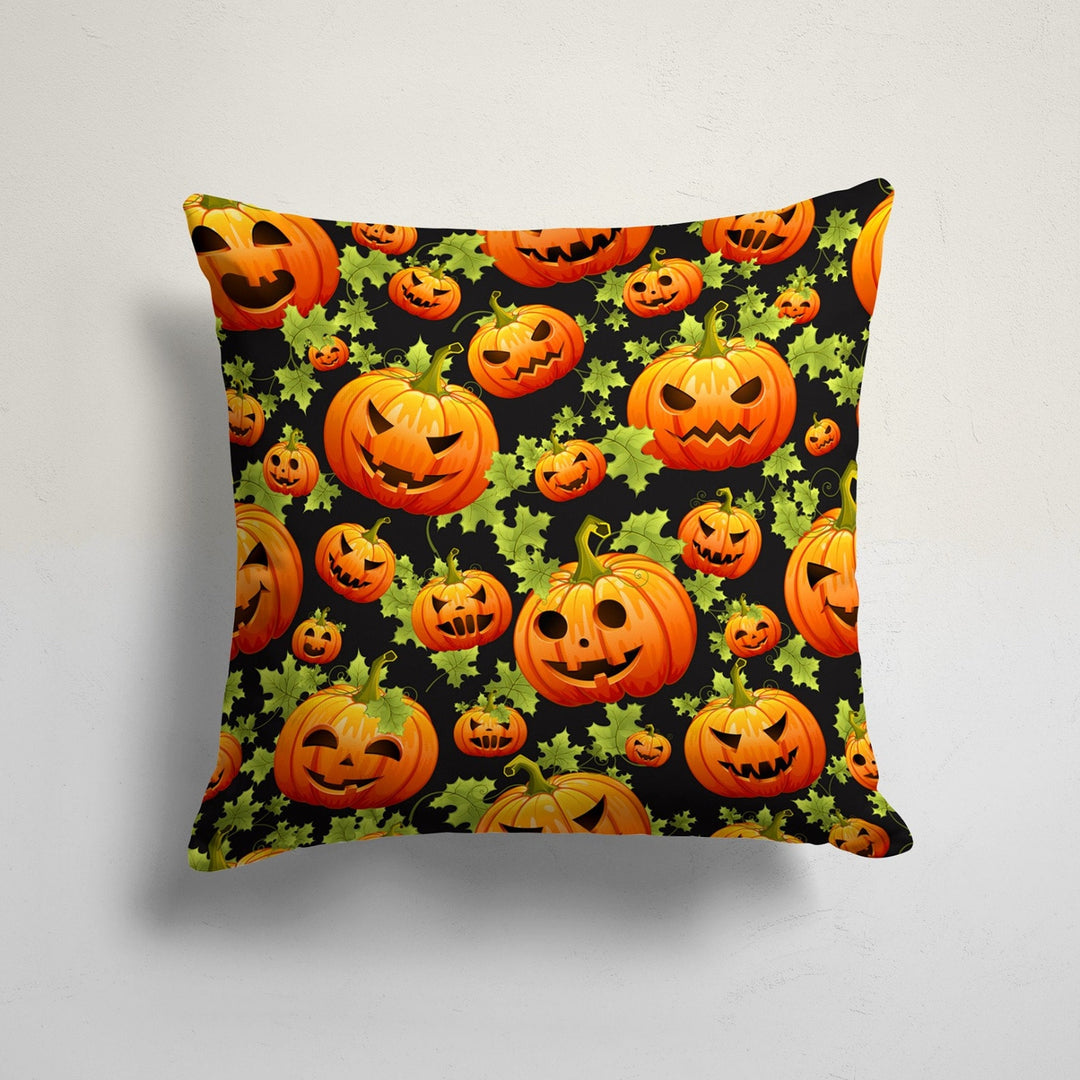 Halloween Pillow Case|Carved Orange Pumpkin with Leaves and Bat Cushion Cover|Ghost Cat Cushion Case|Halloween Candy Print Outdoor Pillowtop