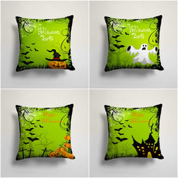 Happy Halloween Cushion Case|Carved Pumpkin and Haunted House Pillowcase|Bat and Ghost Print Green Throw Pillow Cover|Halloween Party Decor