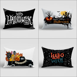 Halloween Cushion Case|Carved Pumpkin Truck and Haunted House Lumbar Pillowcase|Black White Fall Pillow Cover|Happy Halloween Party Decor