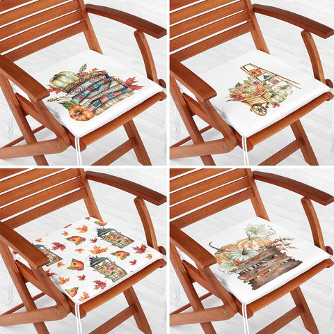 Set of 4 Fall Trend Chair Cushion|Floral Pumpkin and Leaves Seat Pad with Zip Ties|Farmhouse Autumn Chair Pad Set|Outdoor Seat Cushion Set