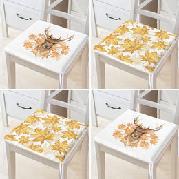 Set of 4 Fall Trend Chair Cushion|Dry Yellow Leaves Seat Pad with Zip and Ties|Farmhouse Autumn Chair Pad|Deer Print Outdoor Seat Cushion