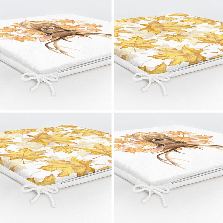 Set of 4 Fall Trend Chair Cushion|Dry Yellow Leaves Seat Pad with Zip and Ties|Farmhouse Autumn Chair Pad|Deer Print Outdoor Seat Cushion