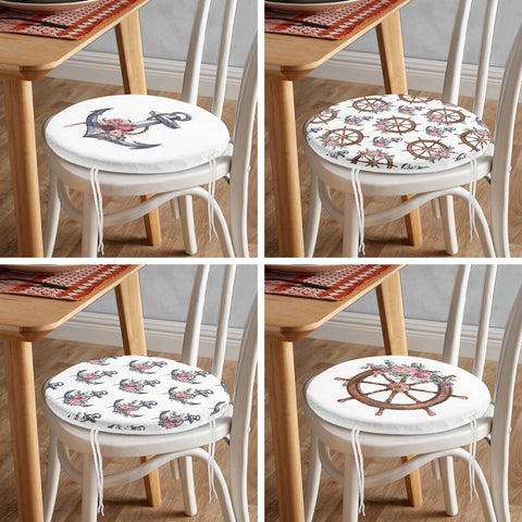 Set of 4 Round Chair, Stool Cushion|Nautical Seat Pad with 4 Ties|Floral Anchor Wheel Chair Pad|Summer Trend Coastal Outdoor Seat Cushion