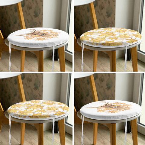 Set of 4 Round Chair, Stool Cushion|Dry Yellow Leaves Seat Pad with Zip and Ties|Farmhouse Autumn Chair Pad|Deer Print Outdoor Seat Cushion