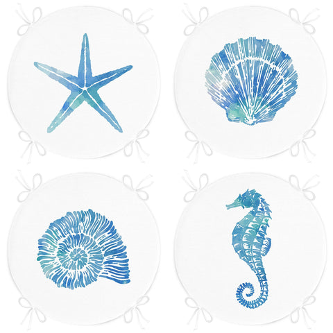 Set of 4 Beach House Round Chair, Stool Cushion|Blue Starfish Oyster Seat Pad with Zip and Ties|Circle Seashell Seahorse Coastal Chair Pad