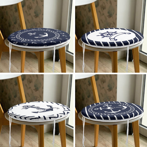 Set of 4 Round Chair, Stool Cushion|Nautical Seat Pad with 4 Ties|Navy Blue Anchor Wheel Chair Pad|Summer Trend Coastal Circle Seat Cushion