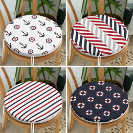 Set of 4 Round Chair, Stool Cushion|Nautical Seat Pad with 4 Ties|Anchor Wheel Life Saver Chair Pad|Striped Coastal Circle Seat Cushion