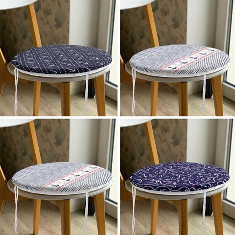 Set of 4 Round Chair Stool Cushion|Anchor and Sailor Rope Seat Pad with Zip, Ties|Beach House Striped Chair Pad|Coastal Outdoor Seat Cushion
