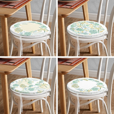 Set of 4 Beach House Round Chair, Stool Cushion|Starfish Seashell Coral Seat Pad with Zip, Ties|Nautical Chair Pad Set|Coastal Seat Cushion