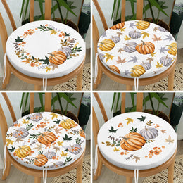 Set of 4 Round Chair, Stool Cushion|Fall Trend Seat Pad with 4 Ties|Orange Gray Pumpkin Chair Pad|Housewarming Autumn Circle Seat Cushion