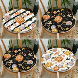 Set of 4 Round Chair, Stool Cushion|Fall Trend Seat Pad with Ties|Striped Orange Gray Pumpkin Chair Pad|Farmhouse Autumn Circle Seat Cushion