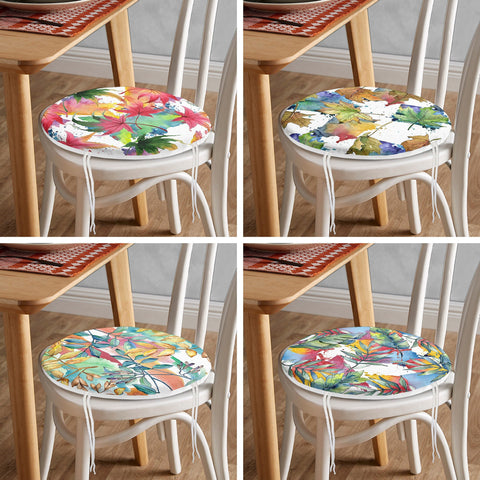 Set of 4 Round Chair, Stool Cushion|Dry Leaf Painting Seat Pad with Zip and Ties|Farmhouse Autumn Chair Pad|Leaf Print Outdoor Seat Cushion
