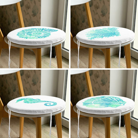 Set of 4 Beach House Round Chair, Stool Cushion|Seahorse Coral Seat Pad with Zip, Ties|Turquoise Seashell Oyster Chair Pad|Coastal Decor