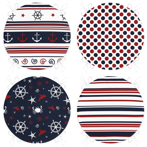 Set of 4 Round Chair, Stool Cushion|Anchor Wheel Seat Pad with Zip and Ties|Dolphin Beach House Chair Pad|Nautical Crab Seat Cushion Set