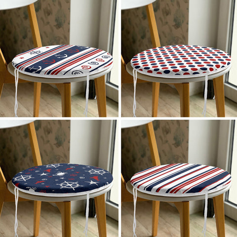 Set of 4 Round Chair, Stool Cushion|Anchor Wheel Seat Pad with Zip and Ties|Dolphin Beach House Chair Pad|Nautical Crab Seat Cushion Set