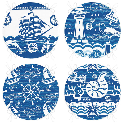 Set of 4 Round Chair, Stool Cushion|Blue White Sailing Ship Wheel Lighthouse Seashell Seat Pad with Zip, Ties|Soft Beach House Chair Pad Set
