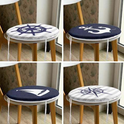 Set of 4 Round Chair, Stool Cushion|Navy Blue Seat Pad with Ties|Anchor Wheel Compass Sailing Boat Chair Pad|Coastal Outdoor Seat Cushion