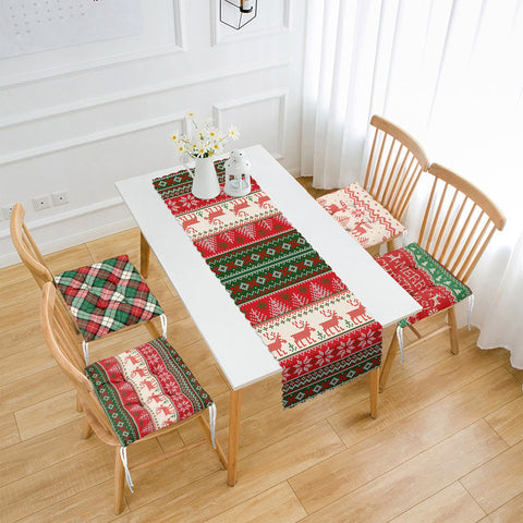 Set of 4 Puffy Chair Pads and 1 Table Runner|Merry Christmas Seat Pad Tablecloth|Pixel Art Xmas Tree Deer Snowflake Seat Cushion Tabletop