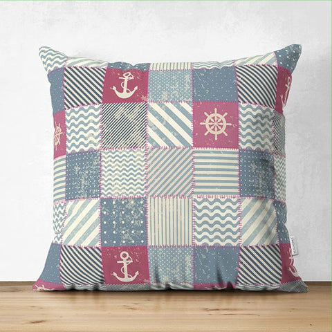 Nautical Pillow Cover|Summer Trend Suede Cushion Case|Anchor and Wheel Print Coastal Throw Pillowtop|Decorative Beach House Cushion Cover