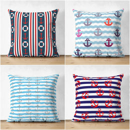 Nautical Pillow Cover|Summer Trend Suede Cushion Case|Striped Anchor and Life Saver Throw Pillowtop|Decorative Beach House Cushion Cover