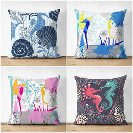 Beach House Pillow Cover|Seahorse Seashell Starfish Coastal Throw Pillow|Abstract Design Nautical Cushion|Summer Trend Suede Cushion Case