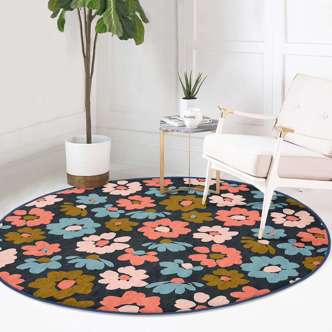 Abstract Floral Round Rug|Non-Slip Round Carpet|Flower Print Circle Carpet|Minimalist Area Rug|Floral Home Decor|Decorative Anti-Slip Mat