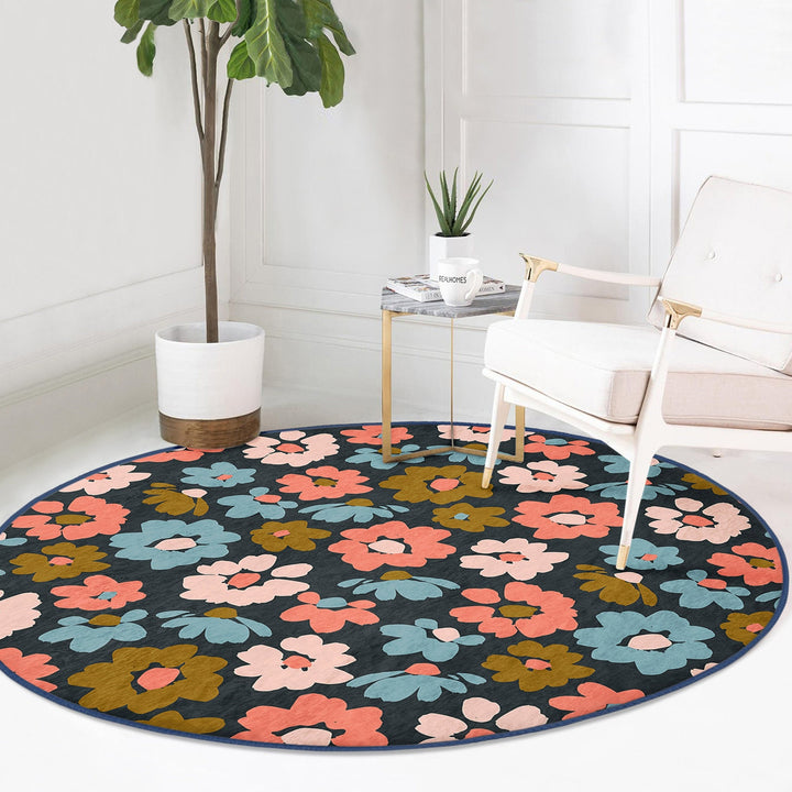 Abstract Floral Round Rug|Non-Slip Round Carpet|Flower Print Circle Carpet|Minimalist Area Rug|Floral Home Decor|Decorative Anti-Slip Mat