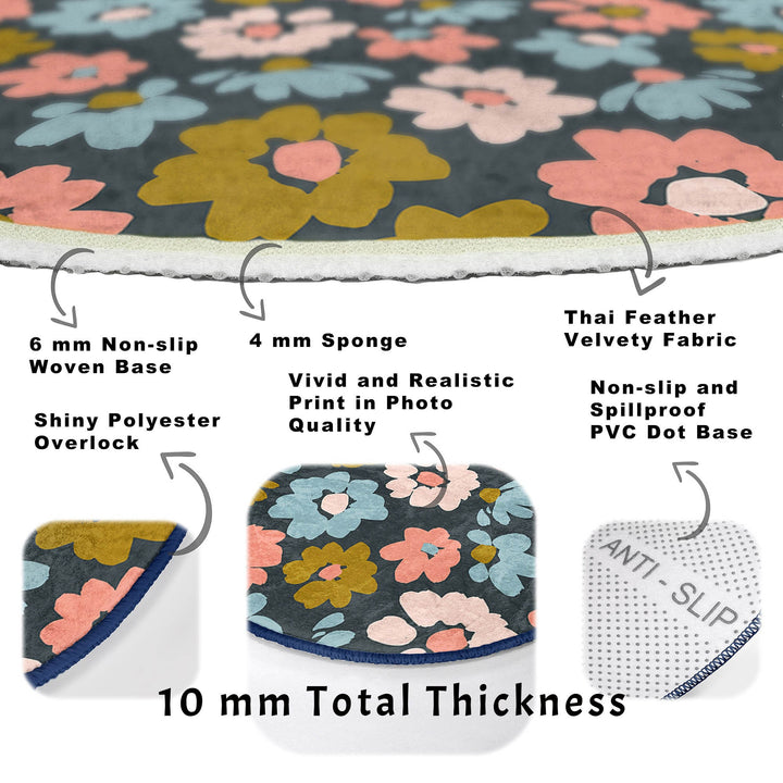 Abstract Floral Round Rug|Non-Slip Round Carpet|Flower Print Circle Carpet|Minimalist Area Rug|Floral Home Decor|Decorative Anti-Slip Mat