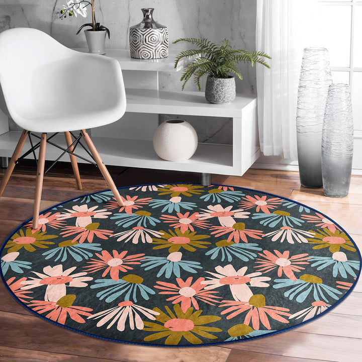 Abstract Floral Round Rug|Non-Slip Round Carpet|Flower Print Circle Carpet|Minimalist Area Rug|Floral Home Decor|Decorative Anti-Slip Mat