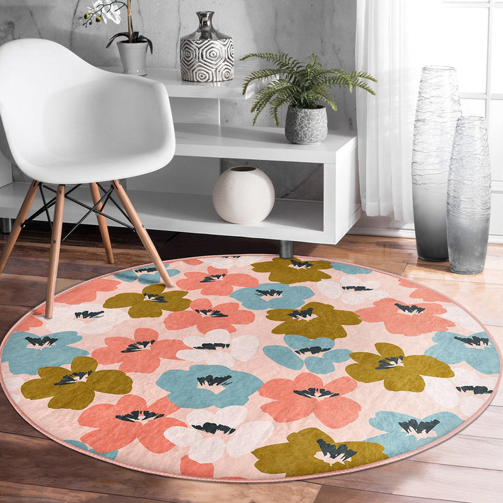 Abstract Floral Round Rug|Non-Slip Round Carpet|Flower Print Circle Carpet|Minimalist Area Rug|Floral Home Decor|Decorative Anti-Slip Mat