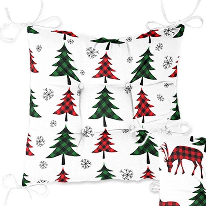 Set of 4 Puffy Chair Pads and 1 Table Runner|Winter Trend Xmas Deer Seat Pad and Tablecloth|Checkered Pine Tree Leaf Chair Cushion Tabletop