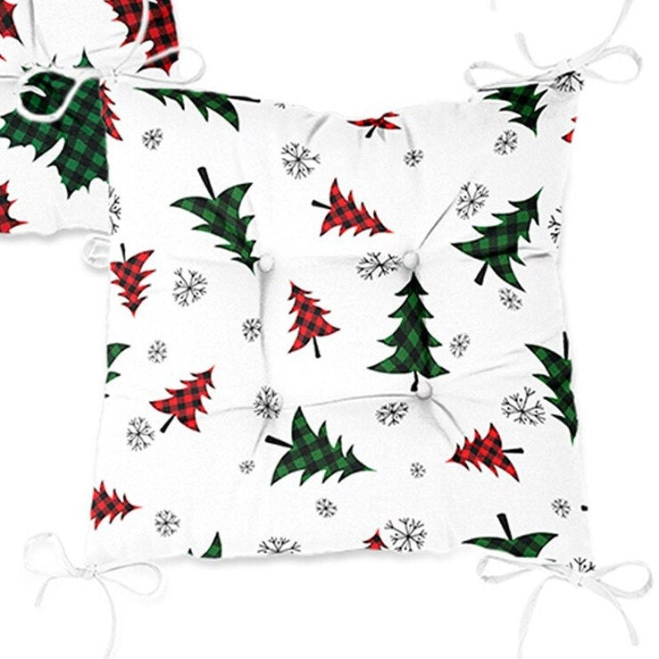 Set of 4 Puffy Chair Pads and 1 Table Runner|Winter Trend Xmas Deer Seat Pad and Tablecloth|Checkered Pine Tree Leaf Chair Cushion Tabletop