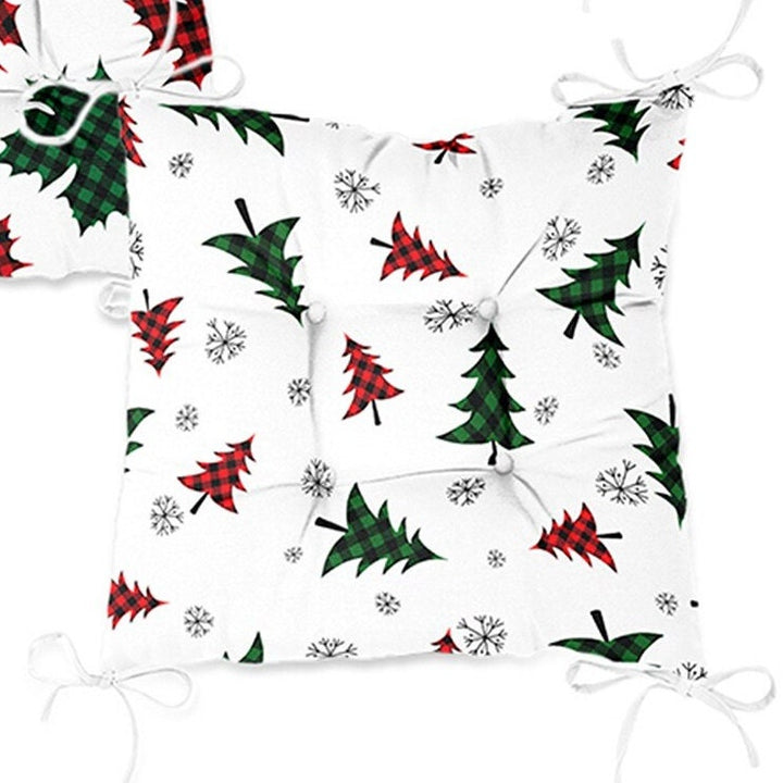 Set of 4 Puffy Chair Pads and 1 Table Runner|Winter Trend Xmas Deer Seat Pad and Tablecloth|Checkered Pine Tree Leaf Chair Cushion Tabletop