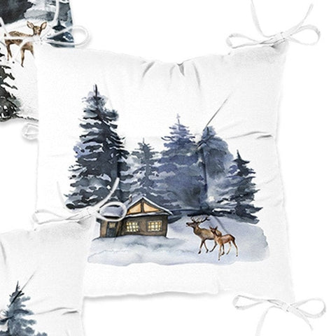 Set of 4 Puffy Chair Pads and 1 Table Runner|Winter Trend Snow, Pine Tree Deer Seat Pad and Tablecloth|Xmas Chair Cushion and Tabletop Set