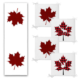 Set of 4 Xmas Chair Pads and 1 Table Runner|Winter Trend Checkered Xmas Leaves Seat Pad Tablecloth|Plaid Xmas Deer Chair Cushion Tabletop