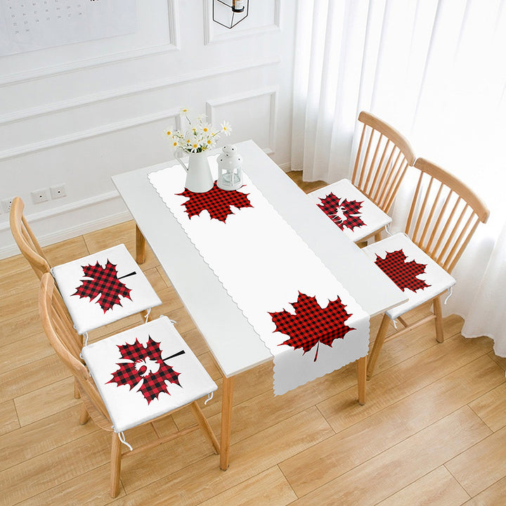 Set of 4 Xmas Chair Pads and 1 Table Runner|Winter Trend Checkered Xmas Leaves Seat Pad Tablecloth|Plaid Xmas Deer Chair Cushion Tabletop