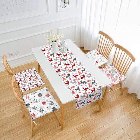 Set of 4 Xmas Chair Pads and 1 Table Runner|Xmas Deer, Tree, Snowflake Seat Pad and Tablecloth|Merry Christmas Chair Cushion Tabletop Set