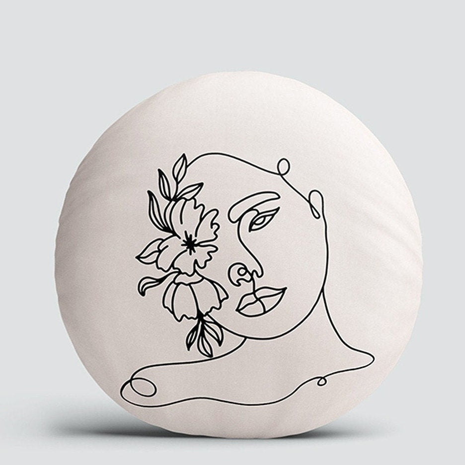 Set of 4 Onedraw Round Pillow Case|Hand, Sun and Woman Print Circle Pillow Cover|Decorative Abstract Line Art Pillow|Outdoor Cushion Cover