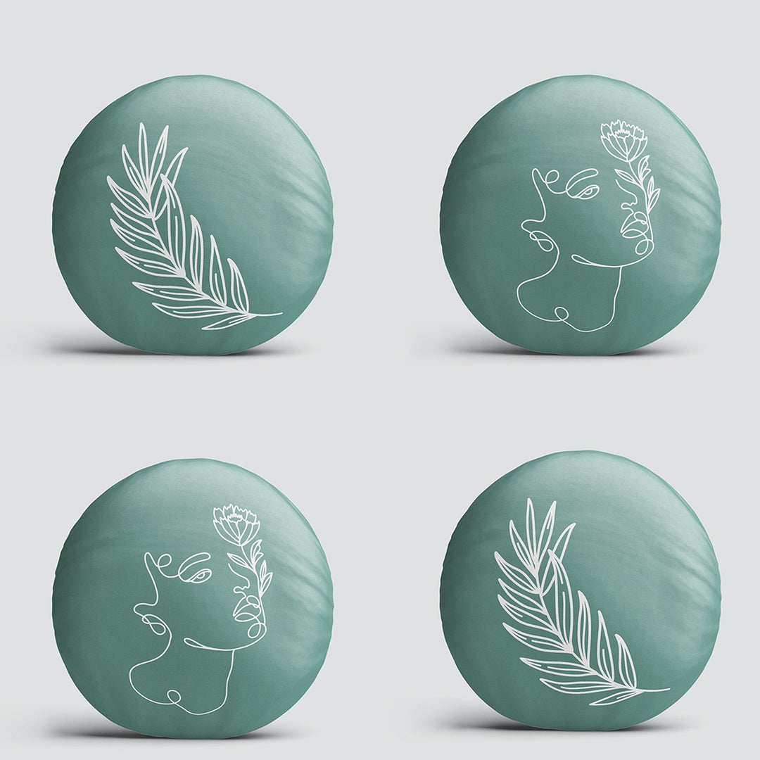 Set of 4 Onedraw Round Pillow Case|Leaf and Woman Face Print Circle Pillow Cover|Decorative Abstract Line Art Pillow|Outdoor Cushion Cover