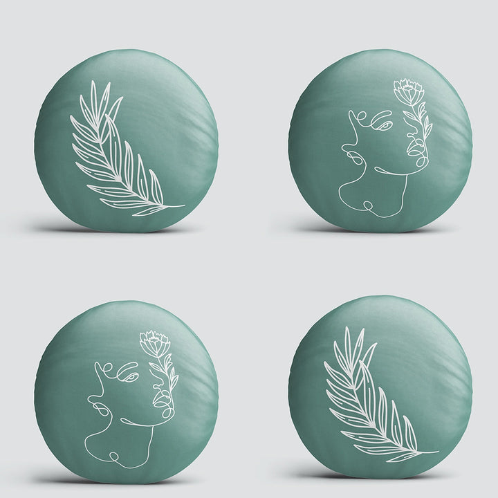 Set of 4 Onedraw Round Pillow Case|Leaf and Woman Face Print Circle Pillow Cover|Decorative Abstract Line Art Pillow|Outdoor Cushion Cover