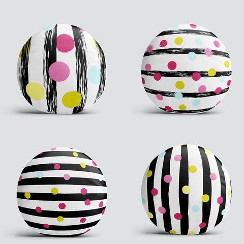 Set of 4 Abstract Round Pillow Case|Geometric Print Circle Pillow Cover|Decorative Striped and Polkadot Art Pillow|Outdoor Cushion Cover