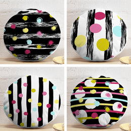 Set of 4 Abstract Round Pillow Case|Geometric Print Circle Pillow Cover|Decorative Striped and Polkadot Pillowtop|Outdoor Cushion Cover