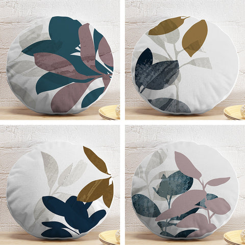 Set of 4 Abstract Round Pillow Case|Leaf Print Circle Pillow Cover|Decorative Abstract Leaves Pillowtop|Outdoor Cushion Cover|Sofa Cushion