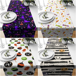 Halloween Table Runner|Purple Witch Hat Print Tabletop|Halloween Treat Tablecloth|Candy and Cute Pumpkin Table Decor|Scary Kitchen Decor