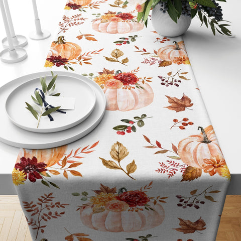 Fall Trend Table Runner|Floral Pumpkin Tablecloth|Pumpkin and Leaf Drawing Table Decor|Farmhouse Style Tabletop|Housewarming Fall Home Decor