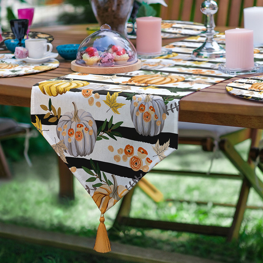 Fall Runner & Placemat Set|Fall Trend Table Decor|Set of 6 Supla Table Mat|Striped Pumpkin Autumn Tablecloth and American Service Underplate